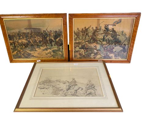 Boer war related pencil sketch of two mounted soldiers, signed lower right, W B Wollen, marked Blom Fontaine, 1900, together 