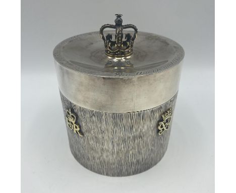 A sterling silver commemorative H M Queen Elizabeth Silver Wedding Anniversary tea caddy by Carrington and Co Limited edition