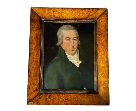 Bust portrait of a C19th gentleman in green jacket, 48cm x 36cm, in burr walnut frame 