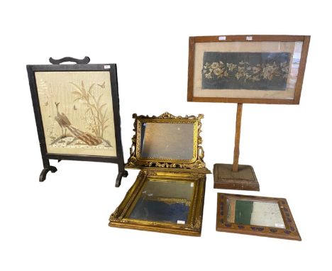 Two firescreens, with silk work panel, and  two gilt frame mirrors 