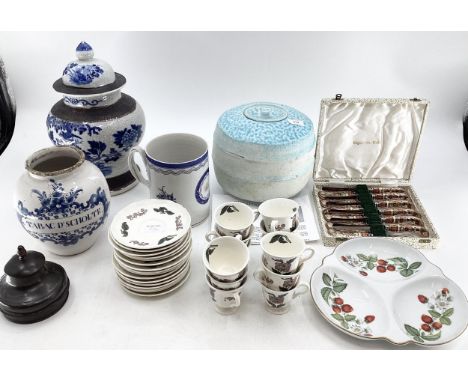 Collection of ceramics to include Delft tobacco jar, Jack Doherty lidded vase, Royal Worcester Strawberries dish, and cased s