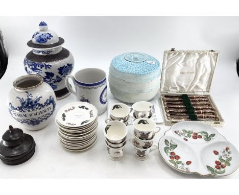 Collection of ceramics to include Delft tobacco jar, Jack Doherty lidded vase, Royal Worcester Strawberries dish, and cased s