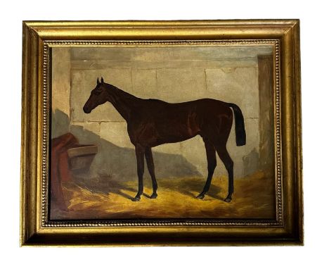 C19th Oil on canvas of a dark bay horse in a stall,  unsigned, 34 x 44cm; label Verso "purchased from Bonhams &amp; Sons Limi