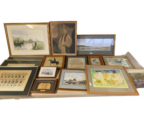 Framed and glazed architectural prints, a silhouette in a maple frame, and After Reynolds, a lithograph print of The Most Rev