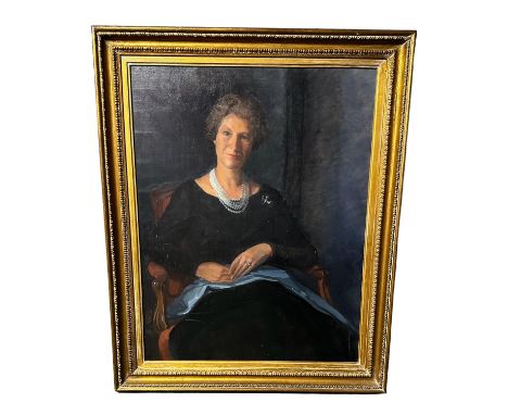 C20th oil on canvas, half portrait of a lady seated, in gilt frame, unsigned, 90cm x 70cm 