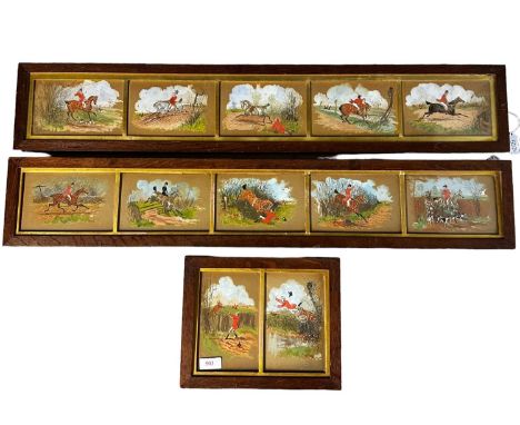 In the Manner of Henry Alken, 3 wooden framed and glazed humorous hunting pictures, two framed in 5 panels (87 L x 16 H), and