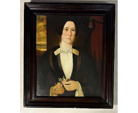 C19th, oil on canvas, Half length portrait of a lady holding flowers, 59 c 50cm, in a  lacquered frame 