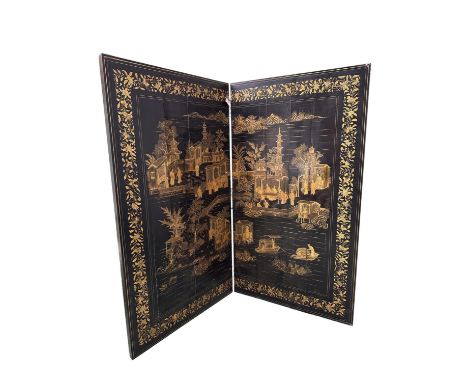 Heavy wooden Oriental two panel folding lacquered screen depicting river and social scenes (old Christies label: Lot 247 13th