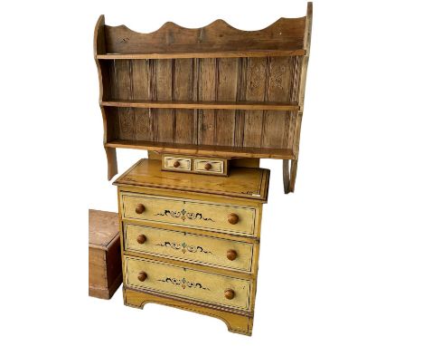 Painted pine chest of 3 drawers, with dressing table over (no mirror), a pine shelf rack and a spindle back Windsor style cha