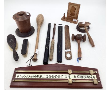 A collection of miscellaneous items to include gavels, score boards, page tuner, carved desktop portrait of Stalin and other 