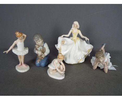 Lot to include three Royal Doulton figurines comprising # HN2734 Sweet Seventeen, # HN3434 Ballet Shoes and  # HN3395 Little 