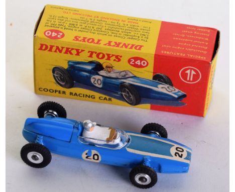 Boxed Dinky Toys 240 Cooper Racing Car, blue body/detachable engine cover, driver, no 20, spun wheels, in near mint condition