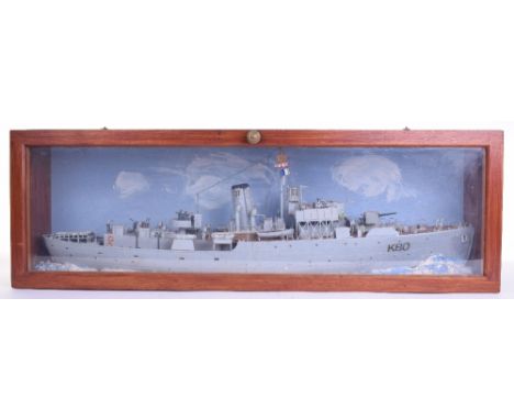 Model Ship HMS Bluebell WWII Corvette, in glass display case 3ft (91.5 cms)L x 11 ¾ in (30cms) H x 6 inch (5.5cms)D in fair t