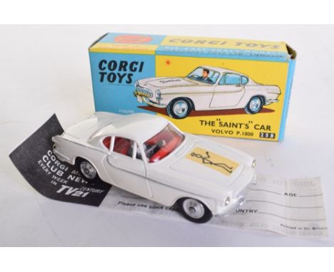 Boxed Corgi Toys 258 The “Saints” Volvo P.1800 white body, red interior, spun wheel hubs, black logo to bonnet, with Corgi cl