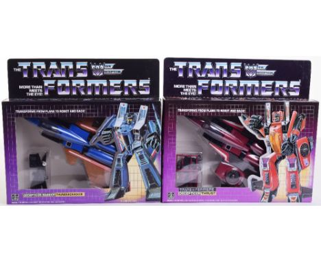 Two Boxed Hasbro G1 Transformers Deception, 1984/85 issues, Thrust and Thundercracker, transforms from plane to robot and bac