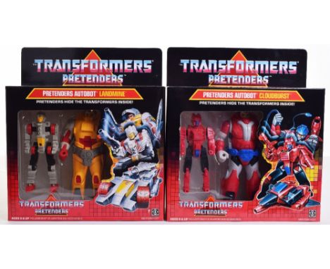 Two Boxed Hasbro G1 Transformers Pretenders, 1987 issues, Cloudburst,robot transforms to star cruiser and back, Landmine,robo