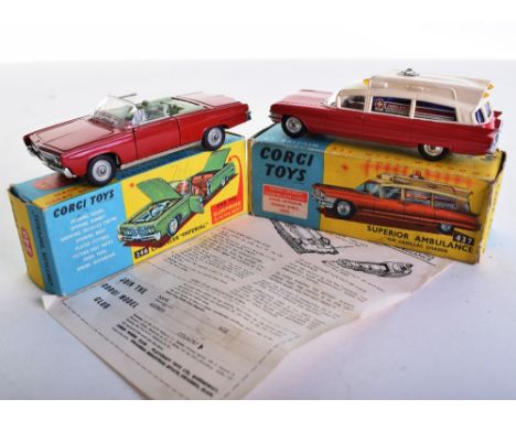 Boxed Corgi Toys 437 Superior Ambulance on Cadillac Chassis, red/cream body, spun wheels in excellent condition, instruction 