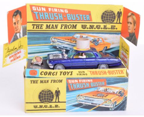 Corgi Toys 497 The Man From Uncle Gun Firing “Thrush Buster” Oldsmobile, metallic blue, cast wheels, plastic spot lights,in n