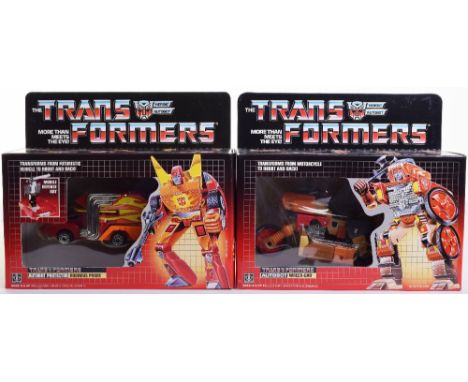 Two Boxed Hasbro G1 Transformers Autobot, 1986 issues, Wreck-Car, transforms from motorcycle to robot and back, Rodimus prime