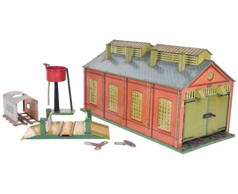 Hornby  0 gauge No 2 Engine Shed, with vented roof, eight chimneys, doors are complete, fitted with 2-rail track, in overall 