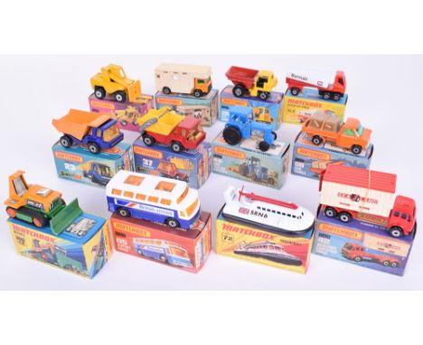 Twelve Matchbox Superfast 1:75 series boxed, 12 Big Bull, 23 Atlas blue/orange, 26 Site Dumper,37 Skip Truck,40 Horse Box,42 