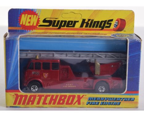 Scarce Matchbox K-15 Superkings Merryweather Fire Engine, metallic red body, silver ladder, superfast wheels, ‘Kent Fire Brig