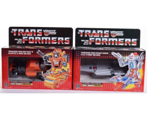Two Boxed Hasbro G1 Triple Changer Transformers,1986 issues, ‘Sandstorm’ transforms from dune buggy tohelicopter to robot and