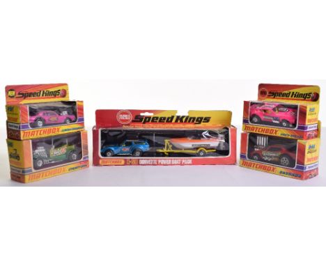 Five Matchbox Superkings, K-21 Cougar Dragster,K-38 Gus’s Gulpher, K-44 Bazooker,drag racing slicks, V/8 engine & ram jet car