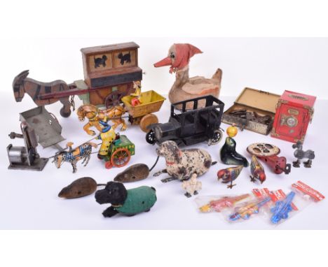 Quantity Of Tinplate Novelty Toys, including: Marx made in Britain Farmers Gig,Lehmann AHA 910 seal with ball, Yonezawa batte