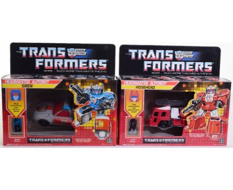 Two Boxed Hasbro G1 Transformers Headmaster, 1987 issues, Siren transforms from fire chief to robot and back and Hosehead, tr