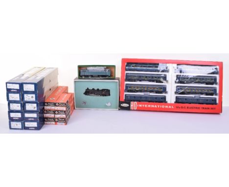 Various makes HO locomotives, coaches and wagons,  Meccanno AcHo 638 SNCF BB 16000, Fulgurex SNCF 0-10-0 tank engine, Jouef f