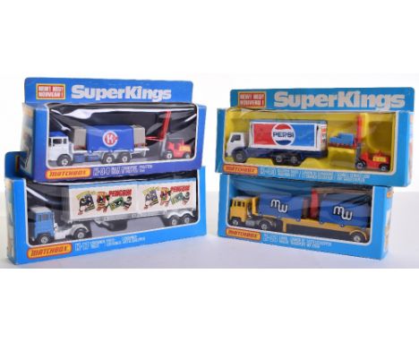 Four Matchbox Superkings K-17 Container Truck pppick up a penguin, K-33 Cargo Hauler ‘MW’ K-34 DAF Pallet Truck with Lansing 