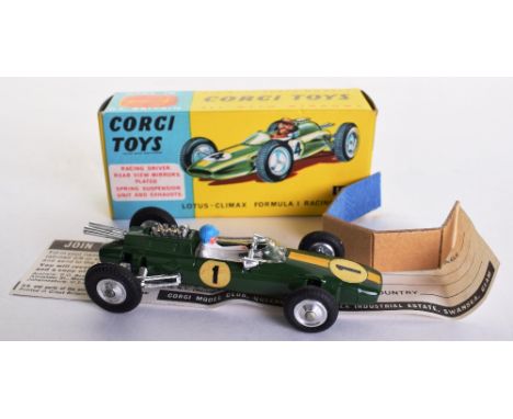 Boxed Corgi Toys 155 Roger Clarkes Lotus Climax Formula 1 Racing Car, green body, driver no ‘1’ spun wheels, inner card packi