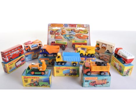 Ten Matchbox Superfast 1:75 series boxed,11 Car Transporter, orange, 12 Big Bull,17 Berger paints bus, 23 Atlas blue/orange,4