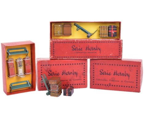 Three French Hornby Series Boxed 0 Gauge Railway Accessories Sets, 2 x No 1, with four tinplate miniature luggage and barrow 