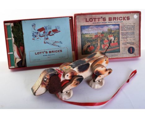 Fisher Price Wooden ‘Snoopy’ walking Dog,1960’s and boxed Lotts Bricks set 1 with instruction leaflet,  both in  fair to good