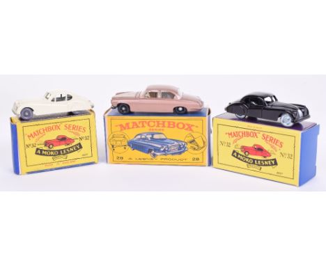 Matchbox Moko Lesney 32a Jaguar XK140,off white body, grey plastic wheels, in B2 box, 28c Jaguar Mark Ten, metallic light bro