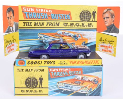 Corgi Toys 497 The Man From Uncle Gun Firing “Thrush Buster” Oldsmobile, metallic blue, cast wheels, plastic spot lights, in 