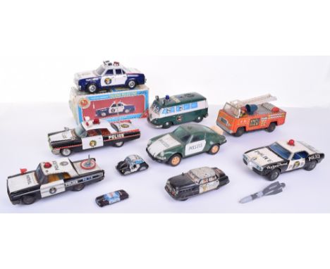 Quantity of Tinplate Emergency vehicles including, Tinplate Ichiko Japan Battery Operated Police Car, Bandai Firebird Police 