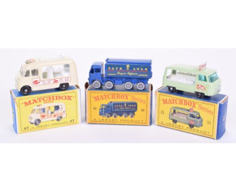 Three Matchbox Regular Wheels, 10c Foden Sugar Container, blue body, without rear crown, no hole in base, knobbly silver plas