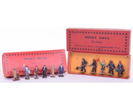 French Dinky Toys Hornby Series Boxed 0 Gauge Railway Figures, Set 4 Railway Personnel Set, engine fireman, greaser, wheel ta