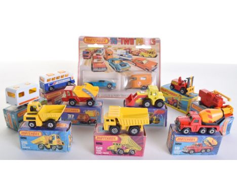 Ten Matchbox Superfast 1:75 series boxed,15 Fork Lift Truck, 19 Cement Mixer, 26 Site Dumper,  29 Tractor Shovel,31 Caravan, 