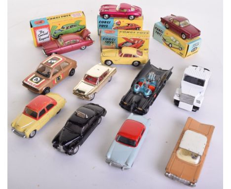 Quantity of Corgi Toys including:218 Aston Martin, yellow, red interior, flat spun wheels, with a poor original box, 222 Rena