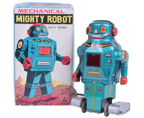 Noguchi (Japan) Mechanical Robot, working clockwork motor, lithographed green detailed tinplate robot, in overall excellent c