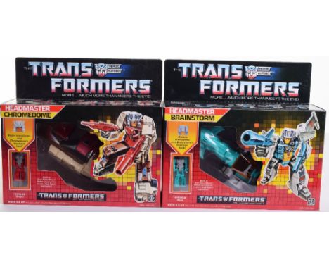 Two Boxed Hasbro G1 Transformers Headmaster, 1986 issues, Brainstorm transforms from jet to robot and back and Chromedome, tr