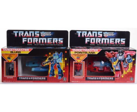 Two Boxed Hasbro G1 Targetmaster Transformers,1986 issues, ‘Blur’ transforms from futuristic car to robot and back, ‘Pointbla