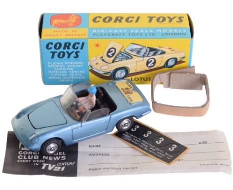 Boxed Corgi Toys 318 Lotus Elan S2. metallic blue, driver, spun wheel hubs ‘Ive got a tiger in my tank’ decal on boot, with i