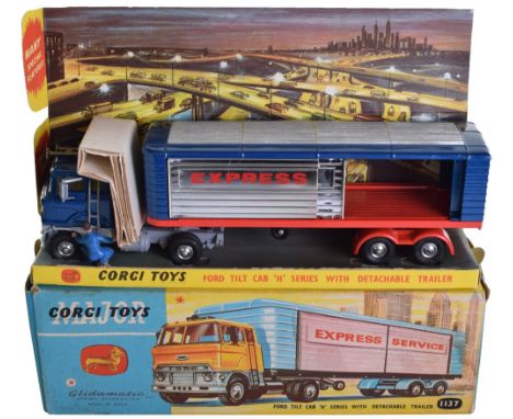 Corgi Major Toys 1137 Ford Tilt Cab ‘H’ Series with Detachable Trailer ‘Express Service’ metallic blue/red/silver grey body, 