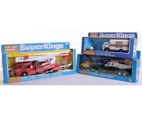 Three Matchbox Superkings,K-19 Group 4 security Truck, K39 Simon Snorkel Fire Engine and K-92 Helicopter Transporter ‘Heli-Hi