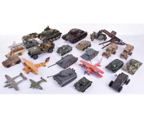 Collection of Military Models and Aircraft, including  German tinplate machine gun, Wooden model T.1943 Tank, 3 x Russian mad